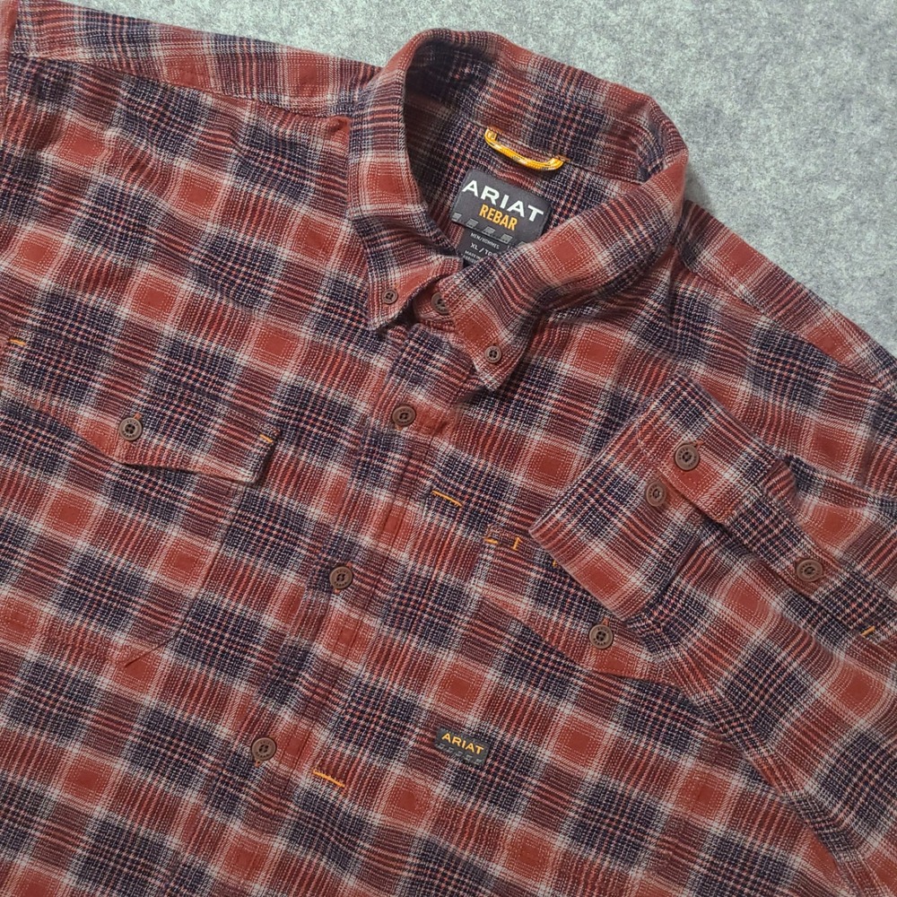 Ariat Rebar Flannel Work Shirt Men XL Red Plaid Button Down Stretch Long Sleeve